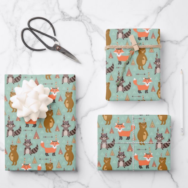 Kids Camping Outside Raccoon Fox Brown Bear Wrapping Paper Sheets (Front)