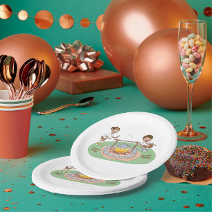 Kids Camping Trip Boy and Girl at Campfire Paper Plates