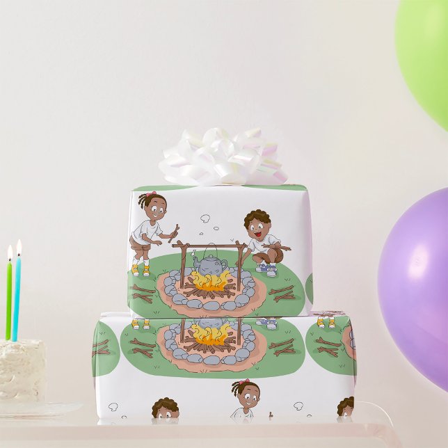 Kids Camping Trip Boy and Girl at Campfire Wrapping Paper (Creator Uploaded)