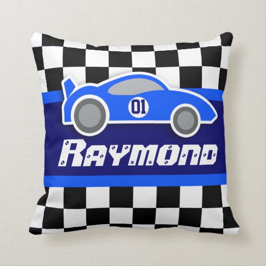Kids Car Blue Chequered Flag Name Pillow Zazzle Com