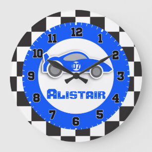 Kids car blue chequered flag name wall clock