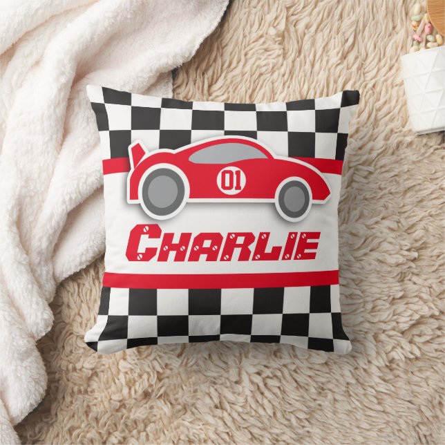 Kids car bright red chequered flag name pillow (Blanket)