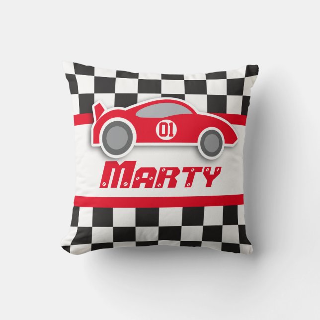 Kids car red blue chequered flag name pillow (Front)