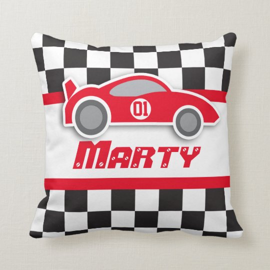 Kids Car Red Blue Chequered Flag Name Pillow Zazzle Com