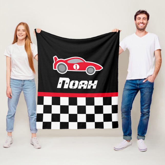Kids car red chequered flag name blanket (In Situ)