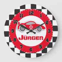 Kids car red chequered flag name wall clock