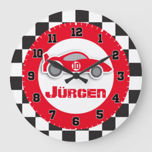 Kids car red chequered flag name wall clock