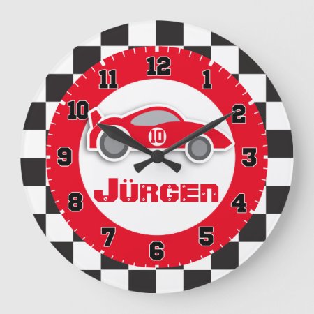 Kids Car Red Chequered Flag Name Wall Clock