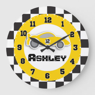 Kids car yellow chequered flag name wall clock