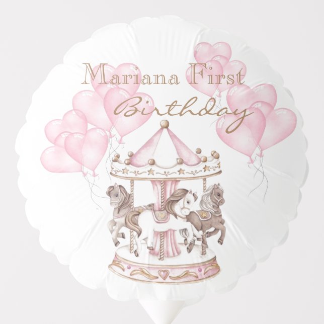 Kids Carousel Unicorn First Girly Birthday Party Balloon (Front)