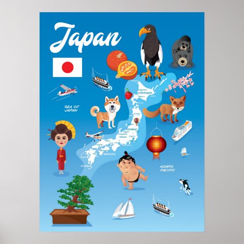 Kids Cartoon Map of Japan Poster