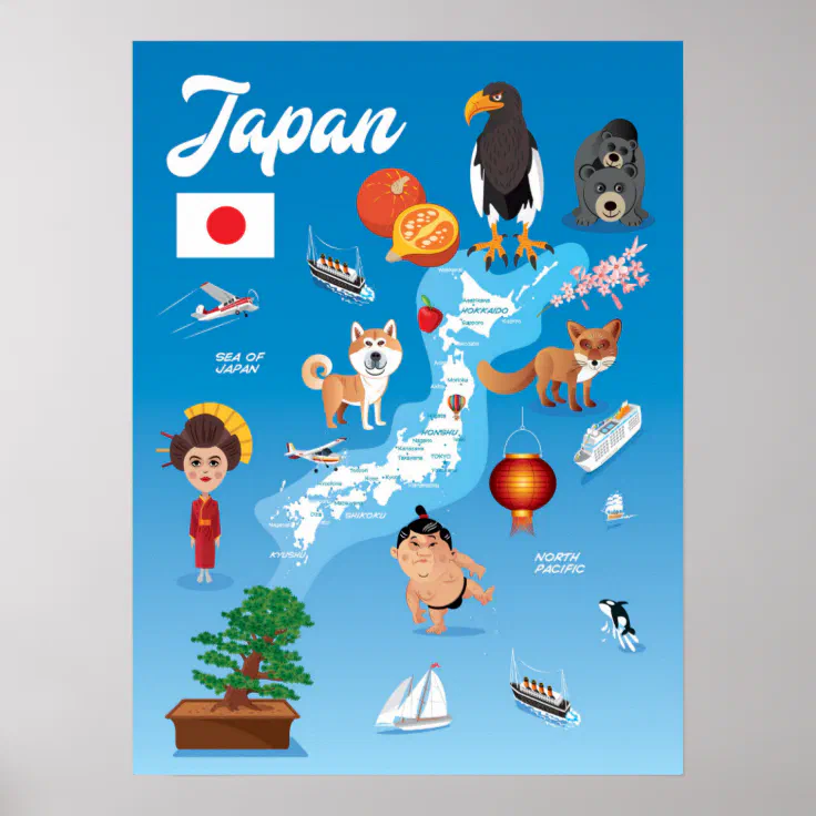 Kids Cartoon Map of Japan Poster | Zazzle
