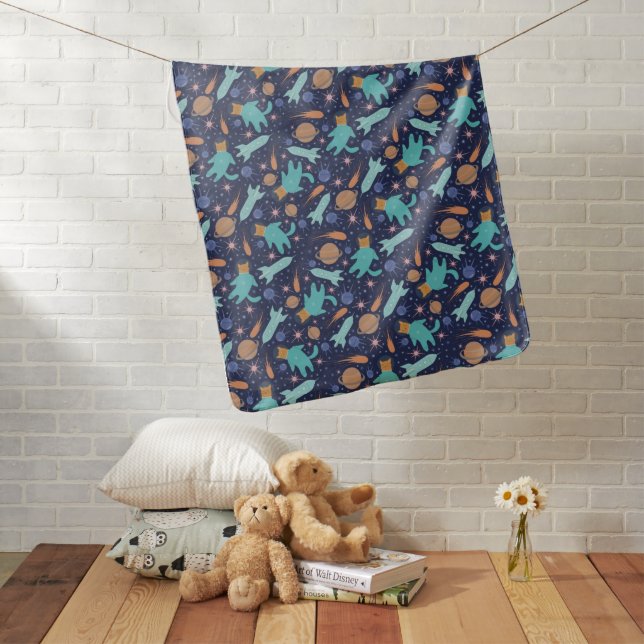 Kids Cat Astronaut in Space Rocket Ship Planets Baby Blanket (In Situ)
