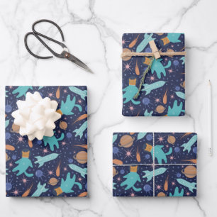 Kids Cat Astronaut in Space Rocket Ship Planets Wrapping Paper Sheets