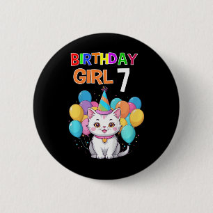 Kids Cat Birthday 7 Birthday Party Girls 7th Birth Button