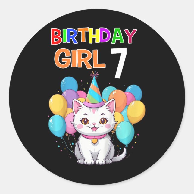 Kids Cat Birthday 7 Birthday Party Girls 7th Birth Classic Round Sticker (Front)
