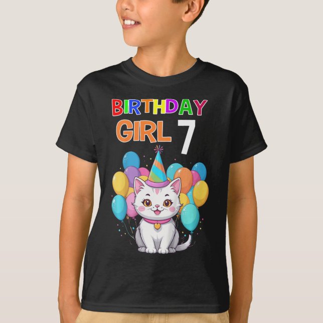 Kids Cat Birthday 7 Birthday Party Girls 7th Birth T-Shirt (Front)
