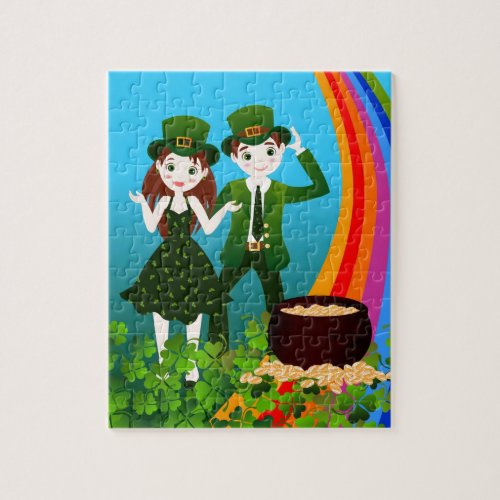 Kids celebrate St Patricks Day wearing the green Jigsaw Puzzle