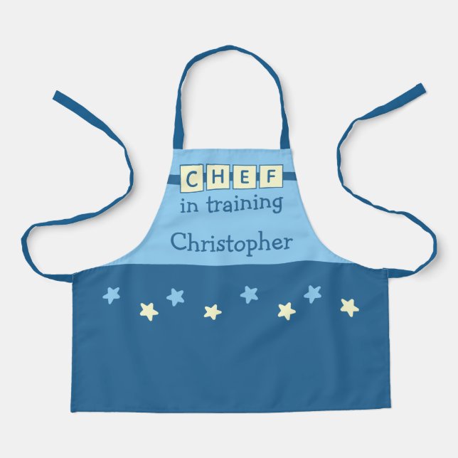 Kid's Chef name stars blue yellow Apron (Front)