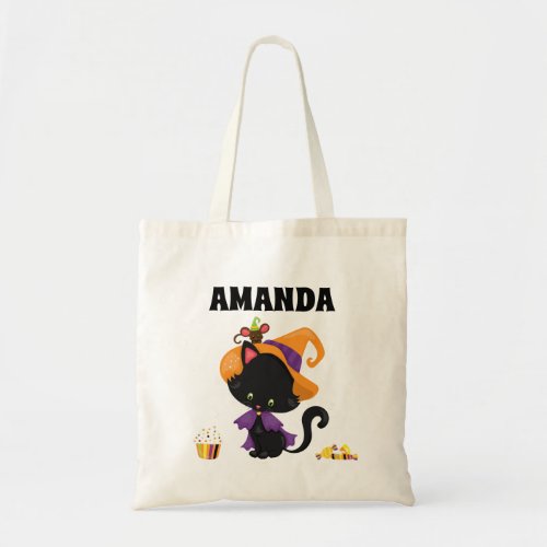 Kids Child Personalized Halloween cat Trick Treat Tote Bag