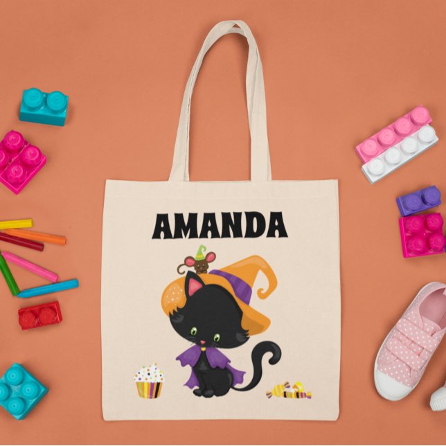 Kid's Child Personalized Halloween cat Trick Treat Tote Bag (Creator Uploaded)