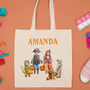 Kid's Child Personalized Halloween Trick Treat Tote Bag
