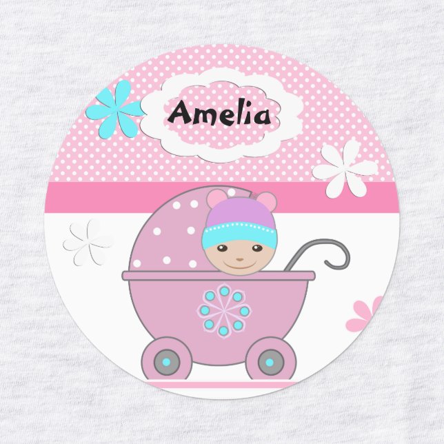 Kids childish cute cartoon carriage baby pink polk kids' labels (Design 1)