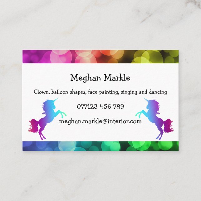 Kids Children Entertainer Unicorn Color Rainbow Business Card (Front)