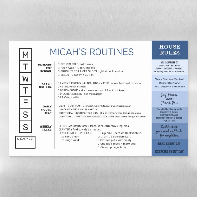 Kids Chore Chart Custom Allowance Tracker Magnetic Magnetic Dry Erase Sheet (Horizontal)