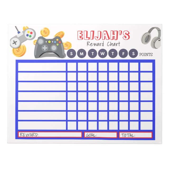 Kids Chore Chart, Personalized Game Chart Notepad (Front)