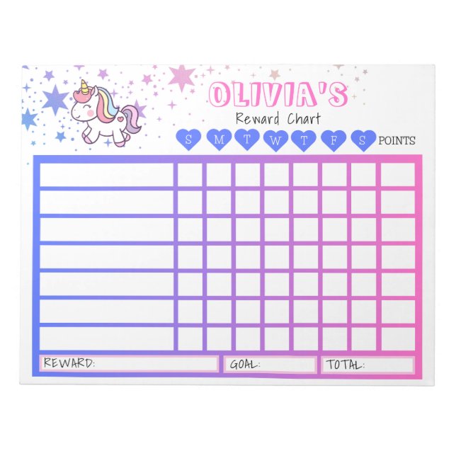 Kids Chore Chart, Personalized Unicorn Chart Notepad (Front)