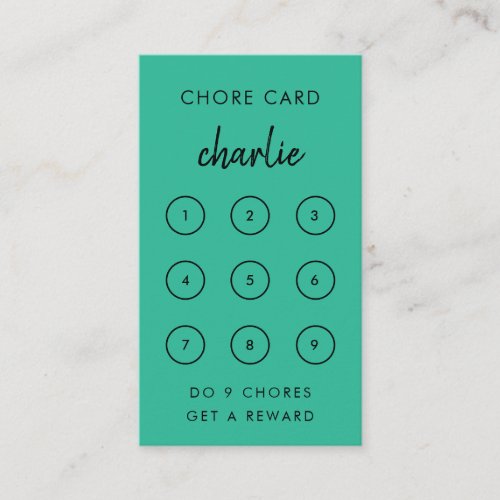 Kids Chore  Teal Green Reward Punch Card