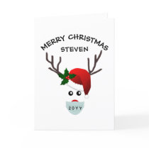 Kids Christmas 2021 Reindeer In Face Mask Name Holiday Card