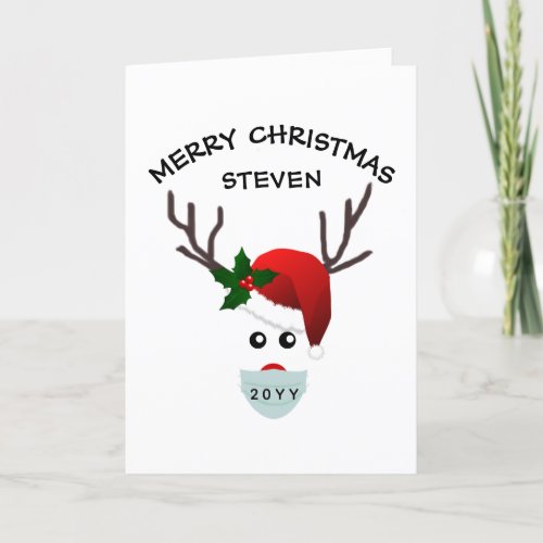Kids Christmas 2021 Reindeer In Face Mask Name Holiday Card