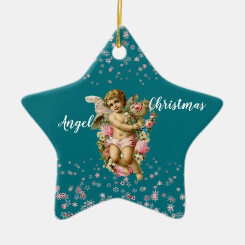 Kids Christmas Angel in Blue Snowflakes Star  Ceramic Ornament