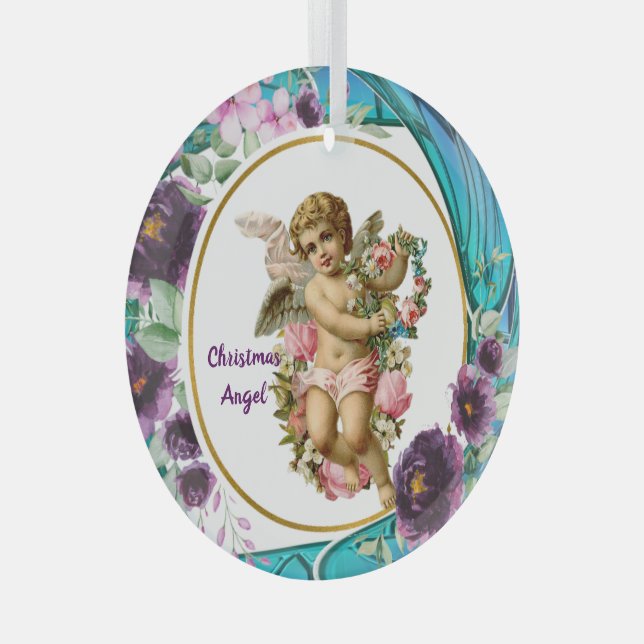 Kids Christmas Angel Purple Stained Glass Wreath G Ornament (Front Right)
