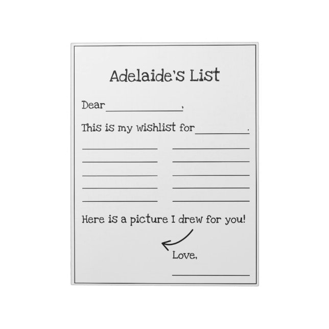 Kids Christmas Birthday Holiday Wishlist Letter Notepad (Rotated)
