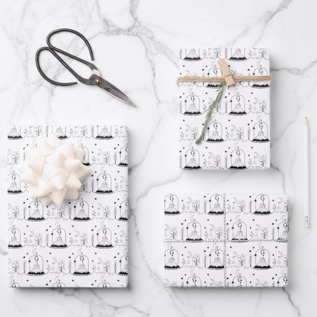 Kids Christmas Black & White Snowglobe Moon Stars Wrapping Paper Sheets (Front)