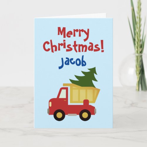 Kids Christmas card with dump truck and pine tree