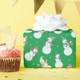 Kids Christmas Cute Snowman in Hats Green Wrapping Paper
