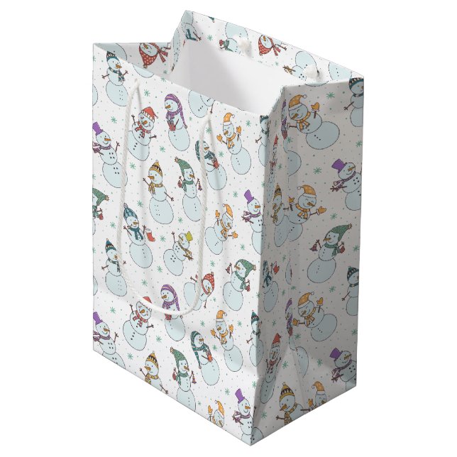 Kids Christmas Cute Snowman in Hats Medium Gift Bag (Front Angled)