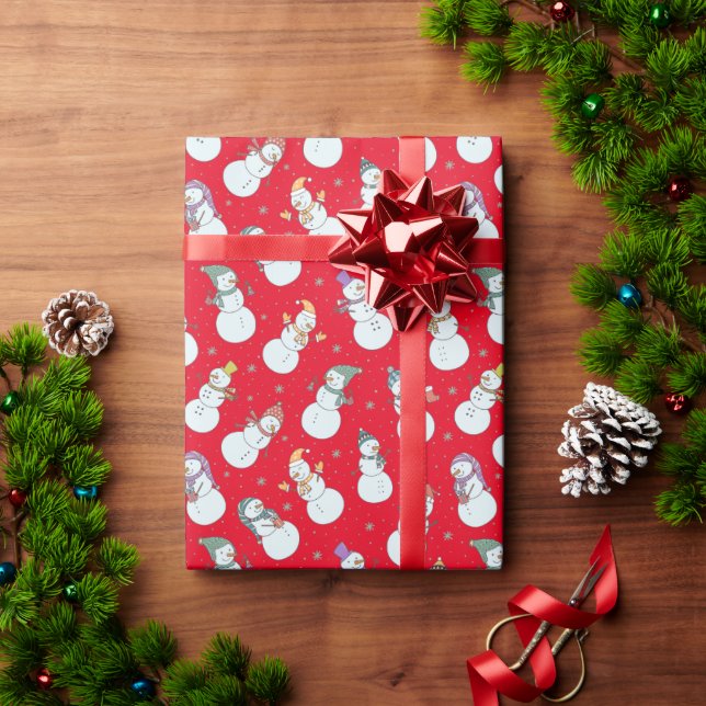 Kids Christmas Cute Snowman in Hats Red Wrapping Paper (Holiday Gift)