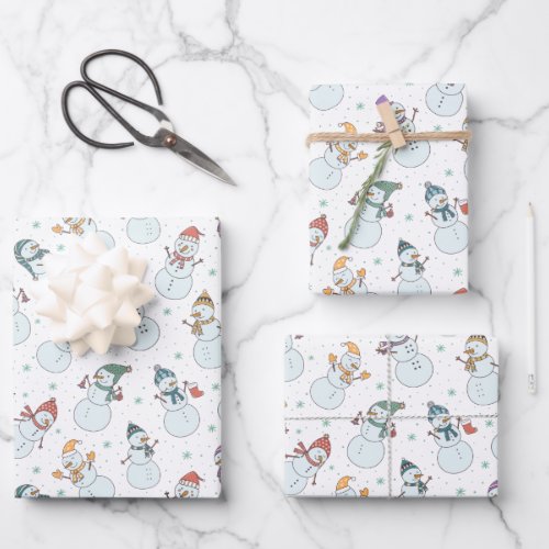 Kids Christmas Cute Snowman in Hats Wrapping Paper Sheets