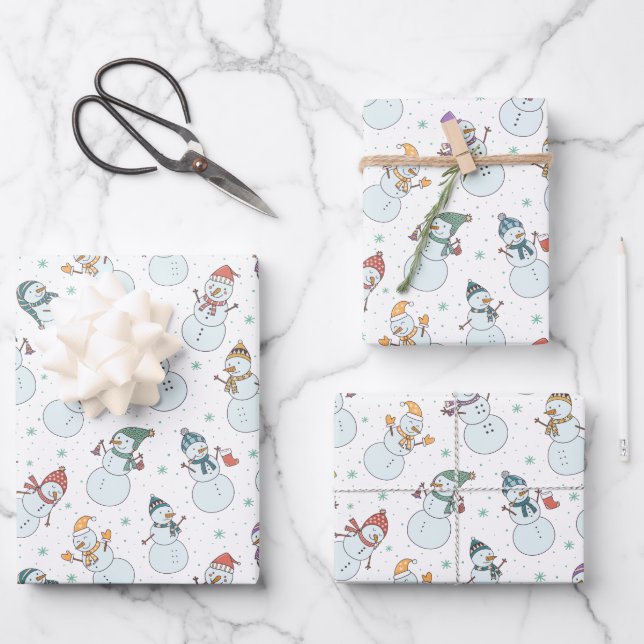 Kids Christmas Cute Snowman in Hats Wrapping Paper Sheets (Front)