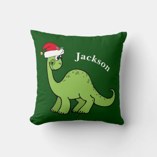 Kids Christmas Dinosaur Custom Green Throw Pillow