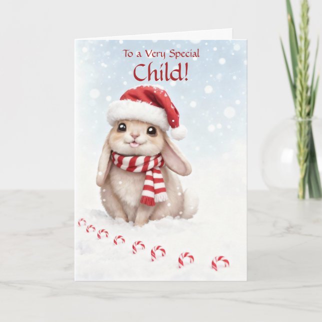 Kids Christmas Holiday Card Cute Bunny in Snow  (Front)