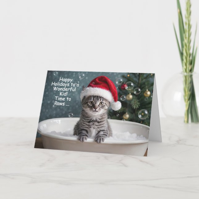 Kids Christmas Holiday Card Cute Kitten in Bath (Front)