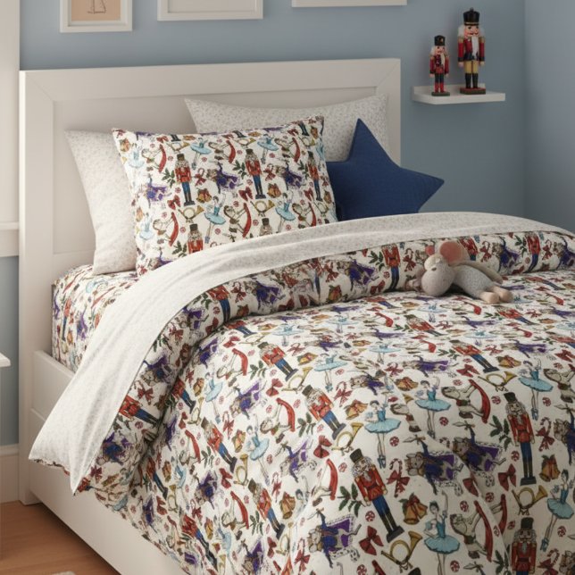 Kids Christmas Nutcracker Mouse King Ballerina Duvet Cover (Cute Ivory Nutcracker Christmas Kids Duvet. Festive Xmas Pattern Nutcracker Ballerina Mouse King)