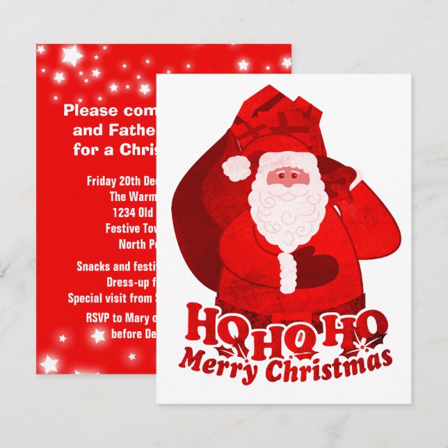 Kids Christmas party invitation Santa red (Front/Back)