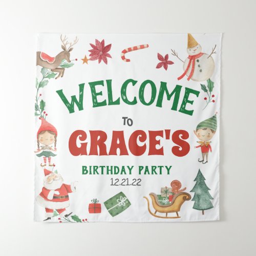 Kids Christmas Party Welcome Sign Tapestry